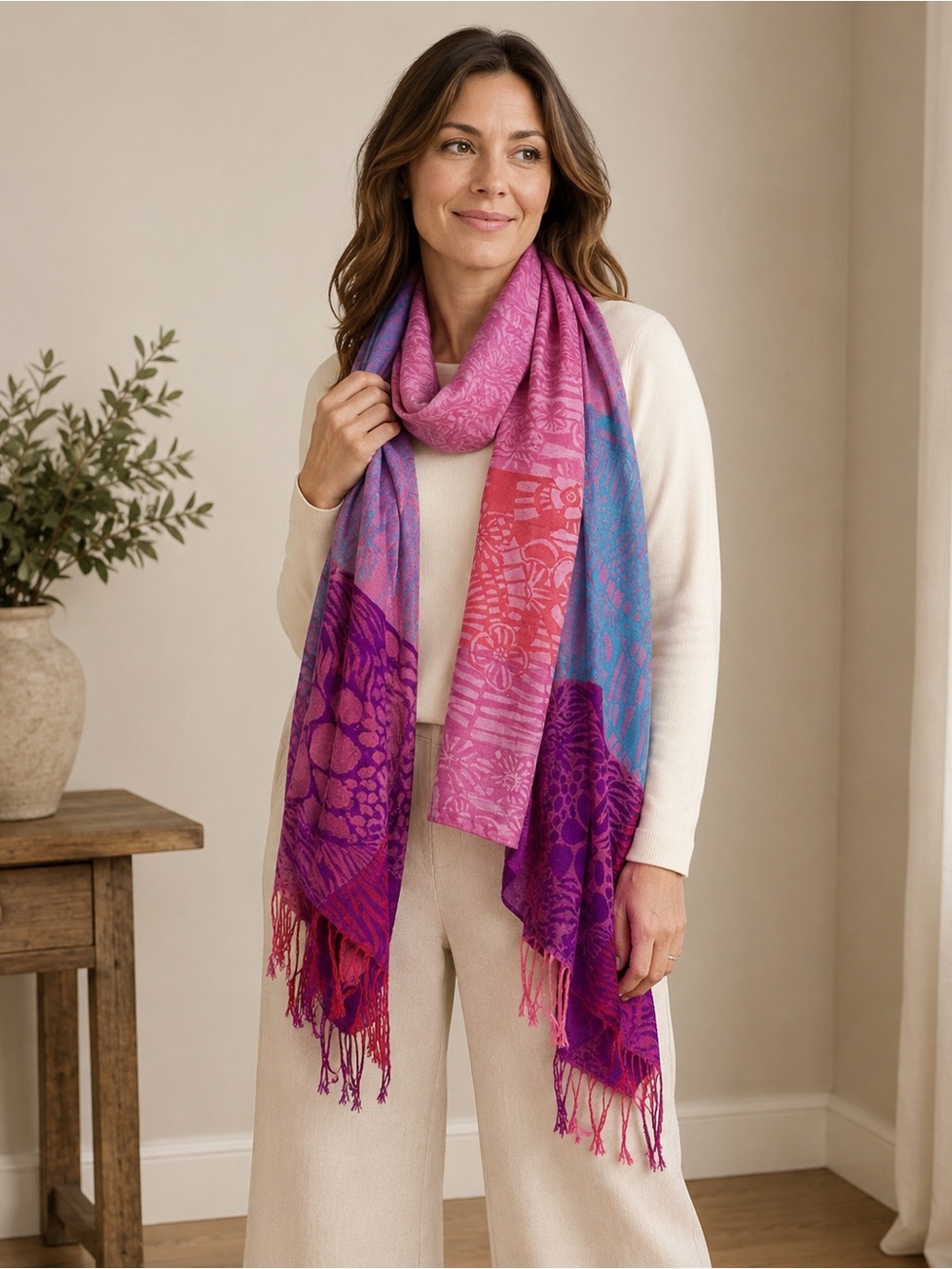 Title: Pink Purple Teal Pashmina Silk Blend Scarf / Shawl